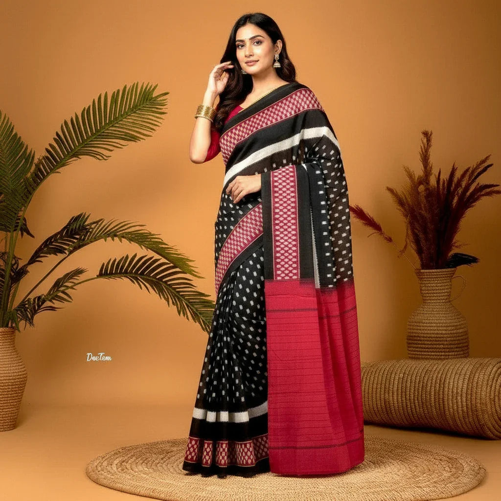 Pochampally-Ikkat-Cotton-Black-Red-Sari-pochampallysarees.com