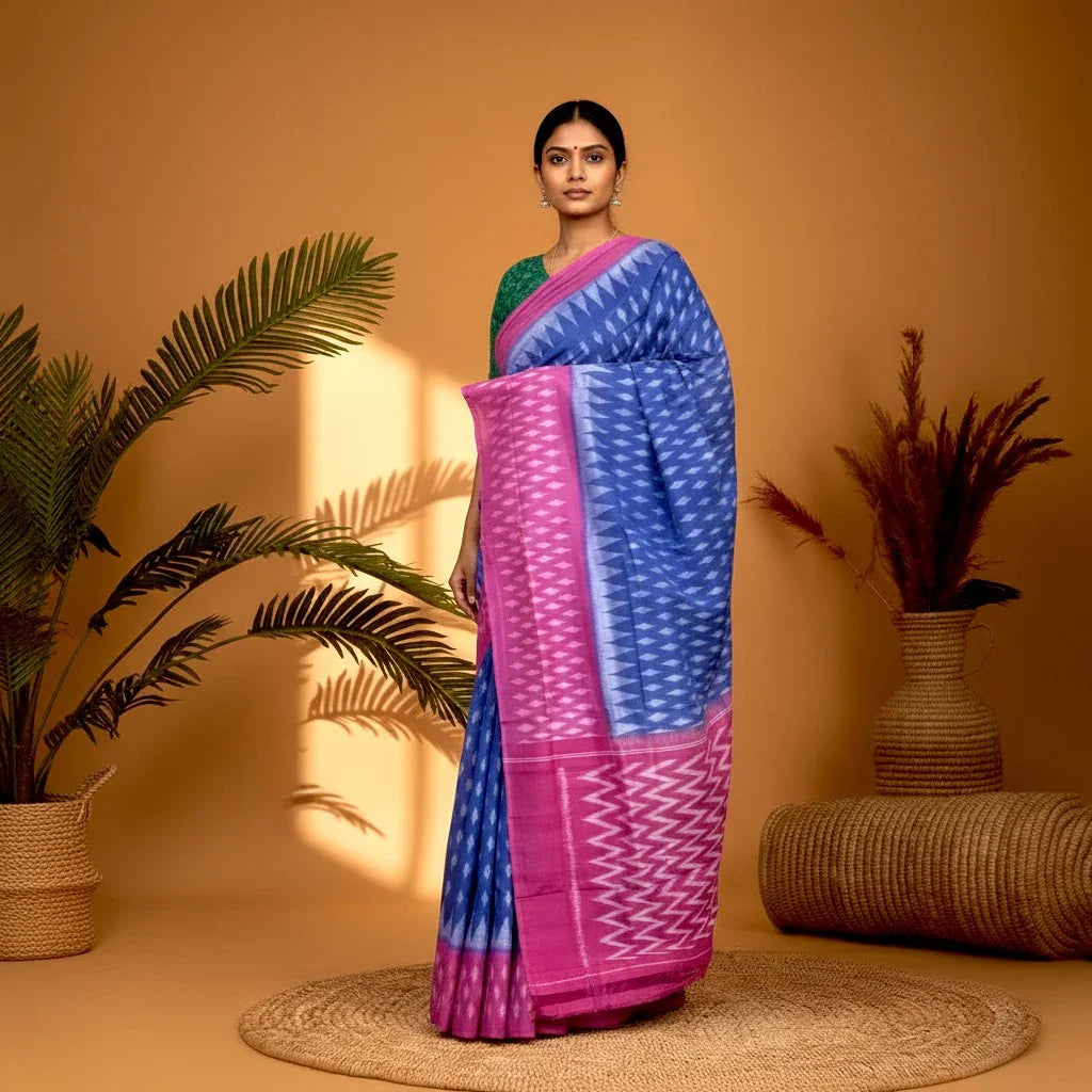 Pochampally-Ikkat-Cotton-Blue-Pink-Sari-pochampallysarees.com