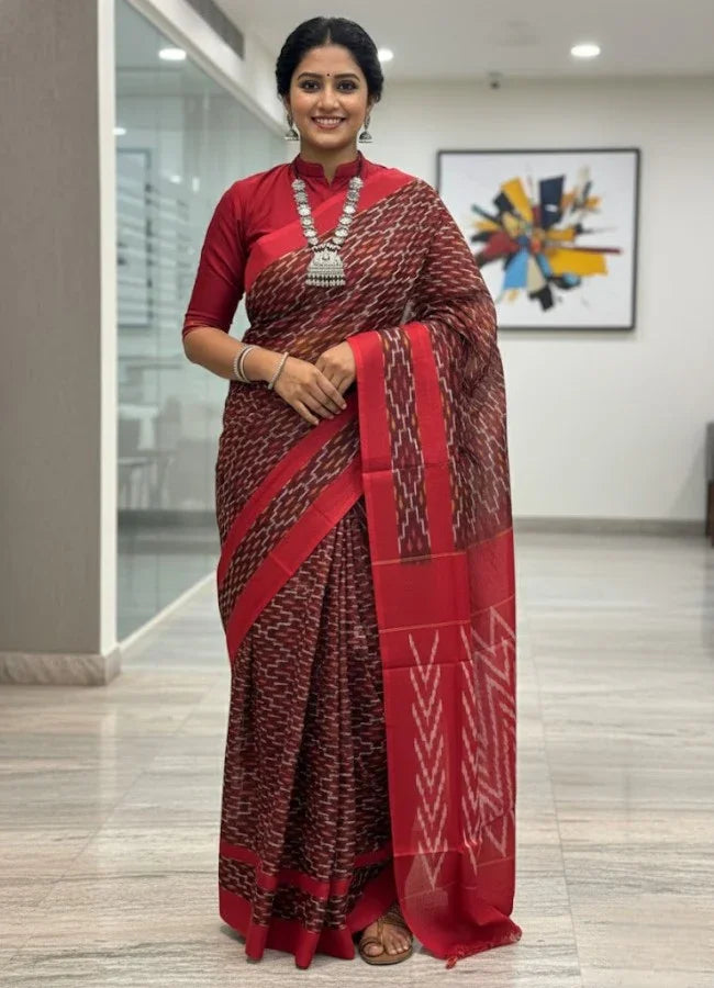 POCHAMPALLY IKKAT COTTON CHOCOLATE SARI - pochampallysarees.com