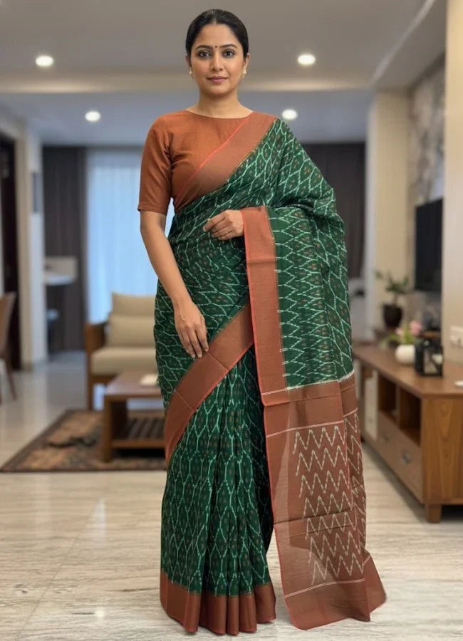 POCHAMPALLY IKKAT COTTON GREEN BROWN SARI - pochampallysarees.com