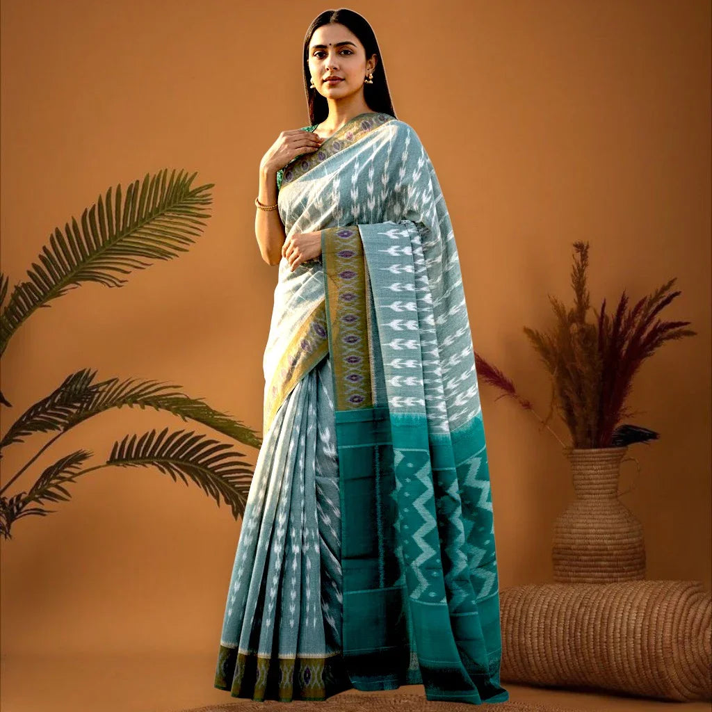Pochampally-Ikkat-Cotton-Green-Sari-pochampallysarees.com