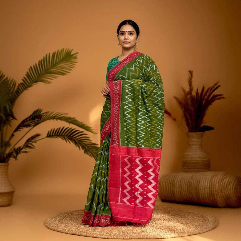 POCHAMPALLY IKKAT COTTON GREEN RED - pochampallysarees.com