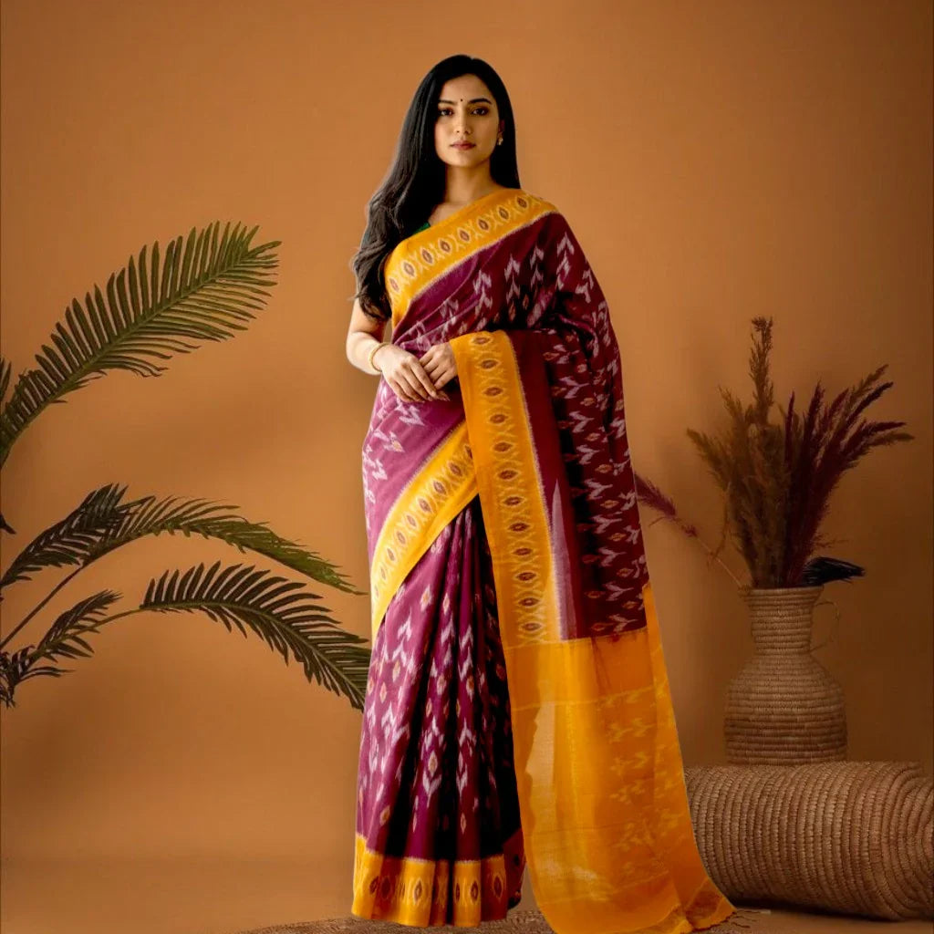 Pochampally-Ikkat-Cotton-Maroon-Yellow-Sari-pochampallysarees.com