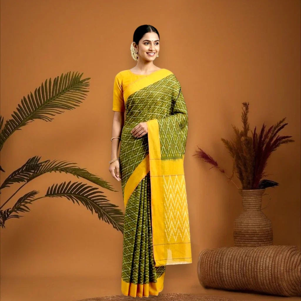 POCHAMPALLY IKKAT COTTON OLIVE GREEN BODY BORDER YELLOW SARI WITHOUT BLOUSE - pochampallysarees.com