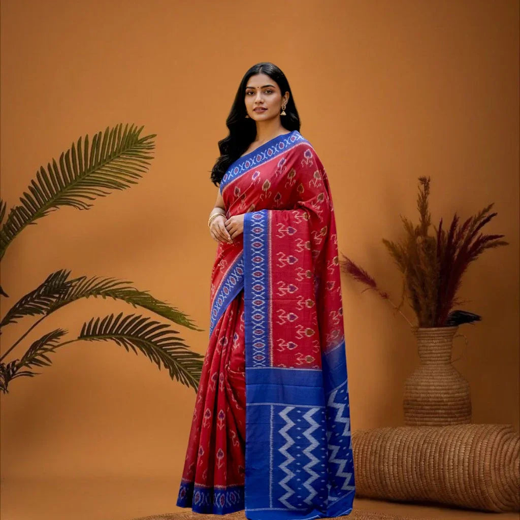Pochampally-Ikkat-Cotton-Red-Blue-Sari-pochampallysarees.com