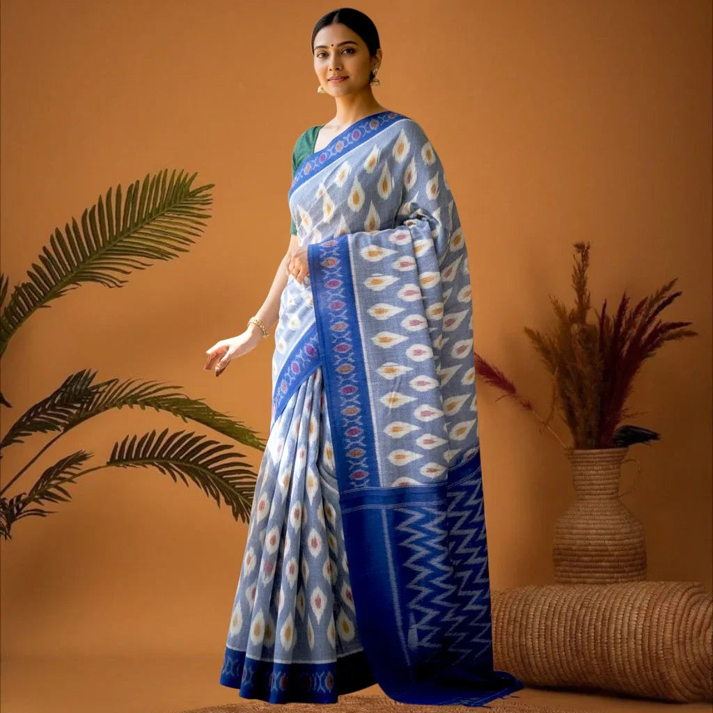 Pochampally-Ikkat-Cotton-Sky-Blue-Blue-Sari-pochampallysarees.com