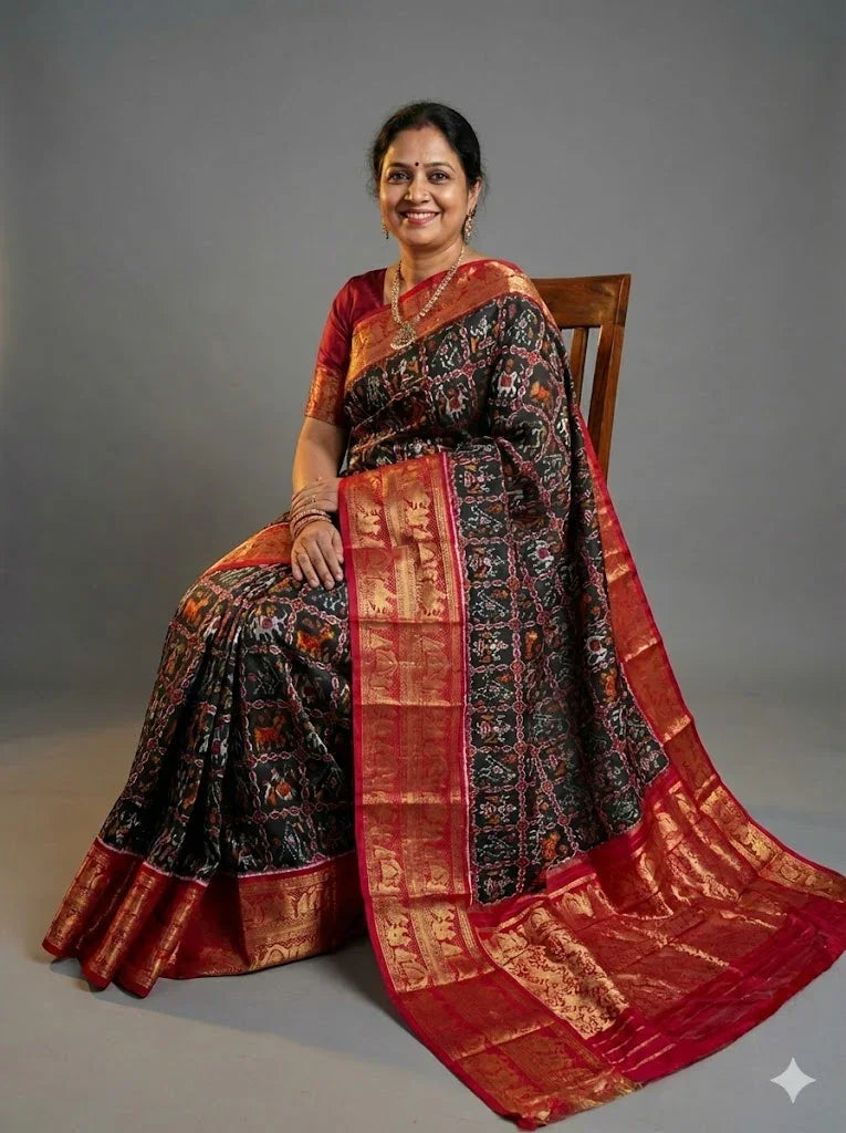 Black Pochampally Ikkat Silk Saree with Rich Red Kanchi Zari Border | Traditional Festive Wear - pochampallysarees.com