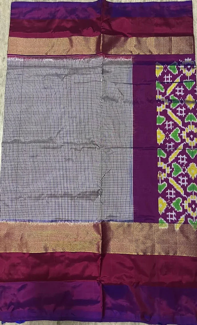 POCHAMPALLY IKKAT SILK MIDDLE PURPLE CHECKS BORDER PALLU AND BLOUSE SAME AS IKKAT DESIGN SARI - pochampallysarees.com