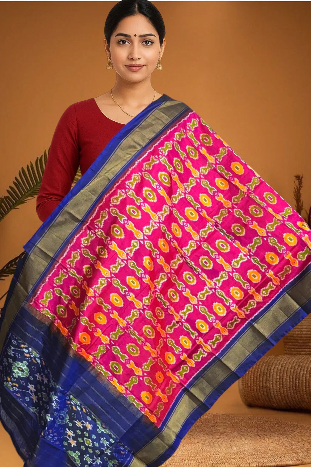 POCHAMPALLY IKKAT SILK MIDDLE PINK BORDER BLUE TISSUE BORDER DUPATTA - pochampallysarees.com
