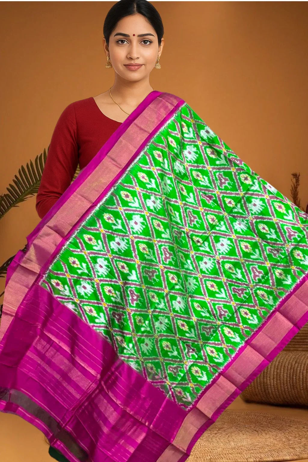 POCHAMPALLY IKKAT SILK MIDDLE GREEN BORDER PINK TISSUE BORDER DUPATTA - pochampallysarees.com