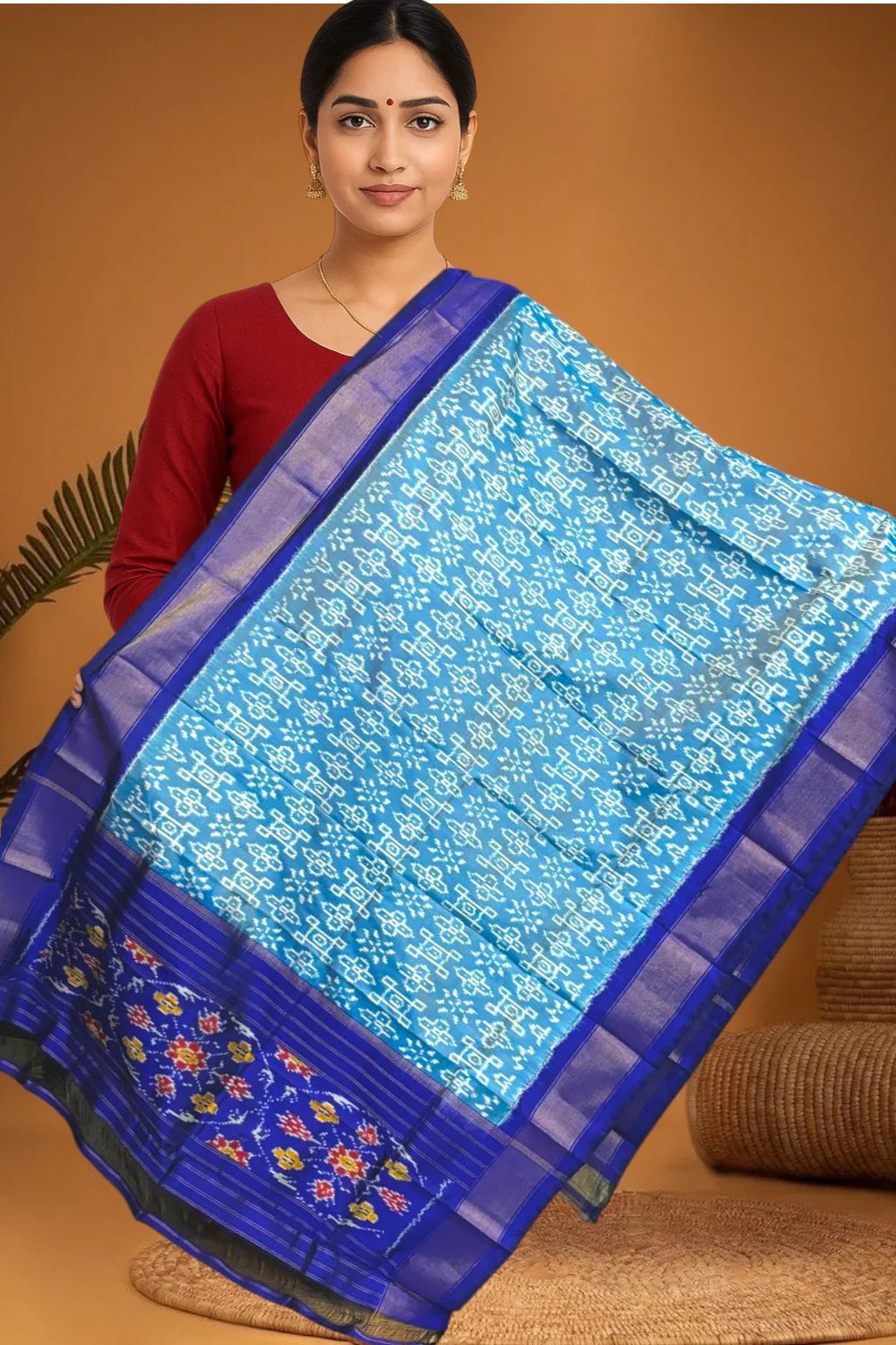 POCHAMPALLY IKKAT SILK MIDDLE SKY BLUE BORDER BLUE TISSUE BORDER DUPATTA - pochampallysarees.com