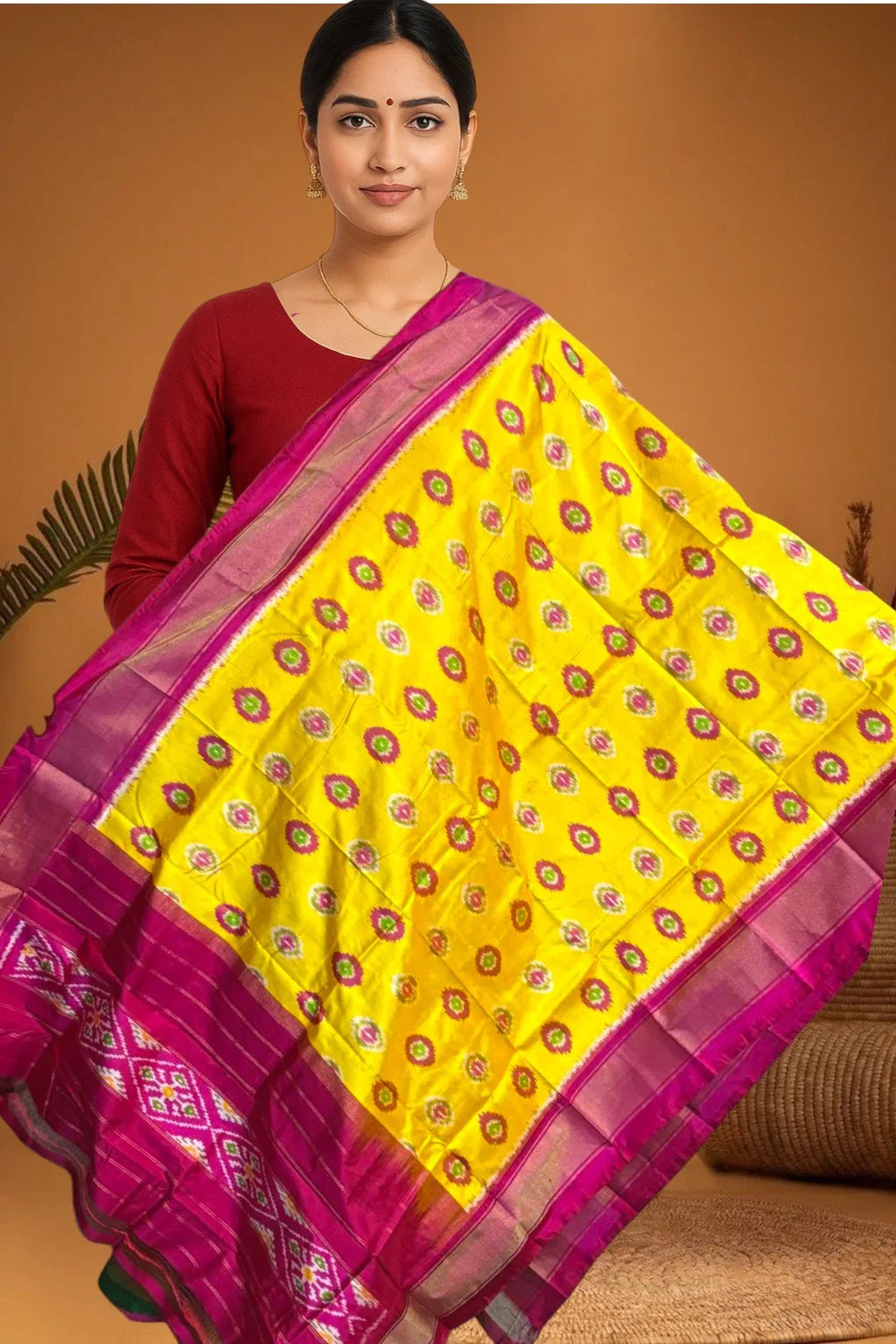 POCHAMPALLY IKKAT SILK MIDDLE YELLOW BORDER PINK TISSUE BORDER DUPATTA - pochampallysarees.com