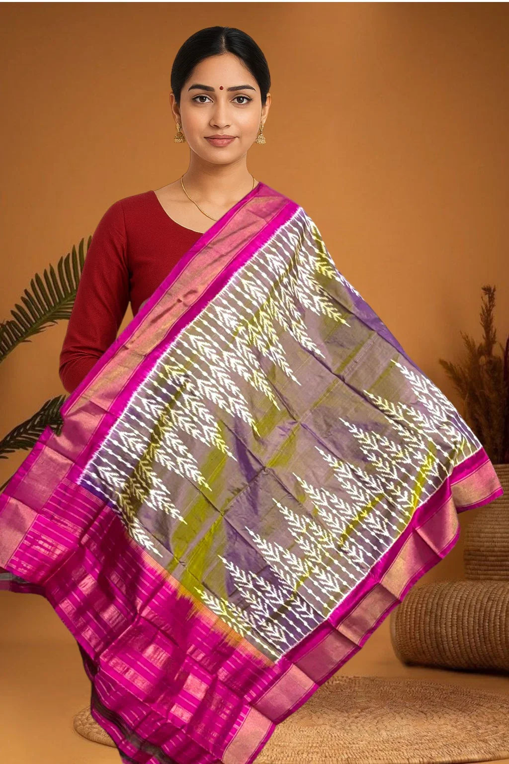 POCHAMPALLY IKKAT SILK MIDDLE BROWN BORDER PINK TISSUE BORDER DUPATTA - pochampallysarees.com