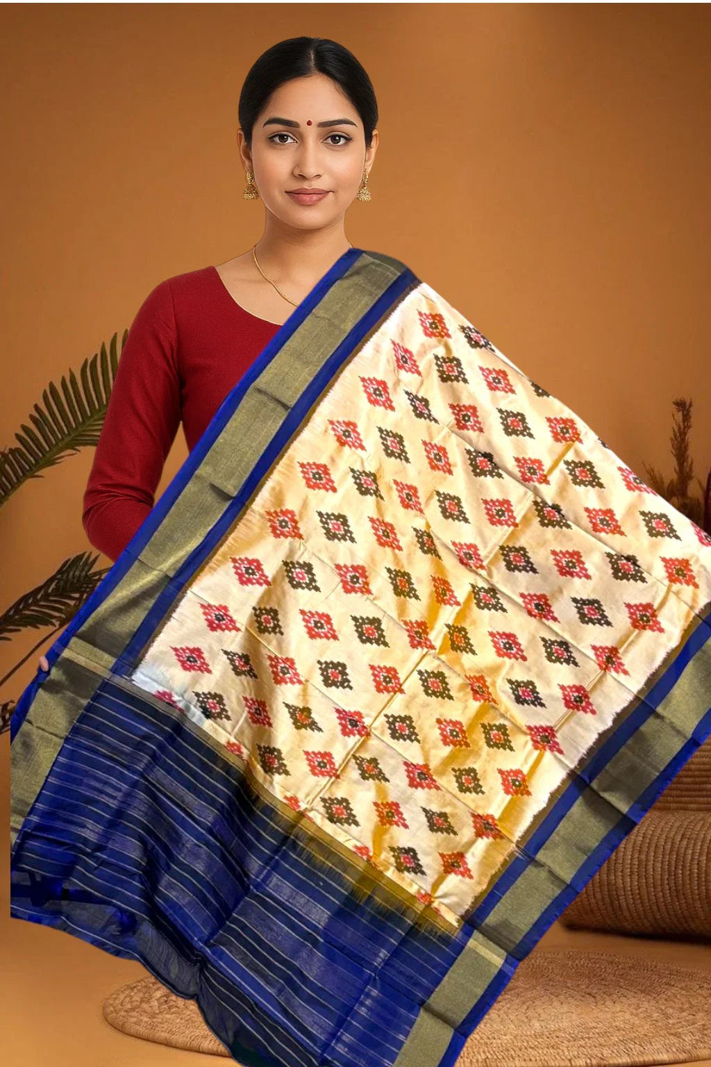 POCHAMPALLY IKKAT SILK MIDDLE CREAM BORDER NAVY BLUE TISSUE BORDER DUPATTA - pochampallysarees.com