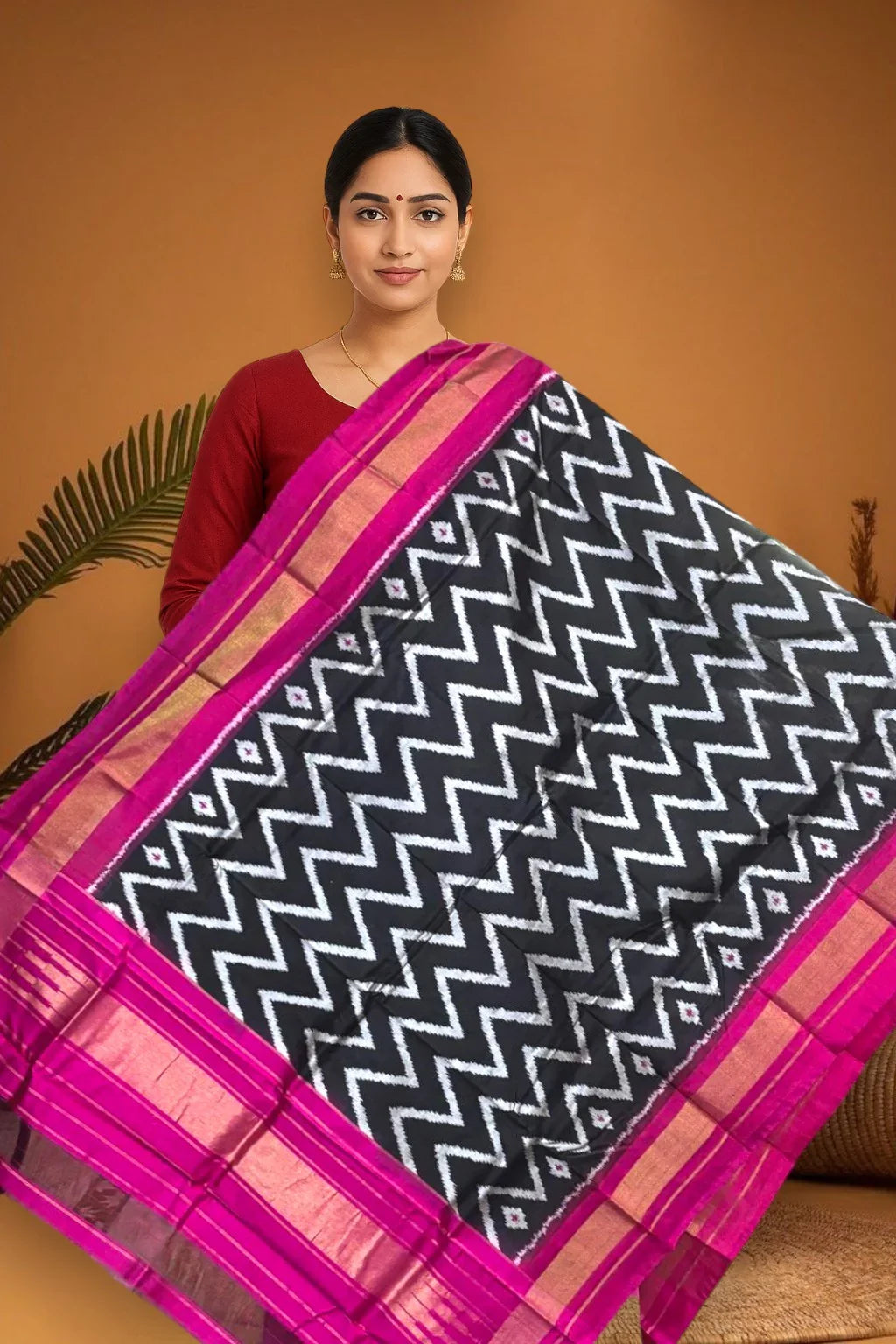 Ikkat Silk Dupatta Black With Pink Color