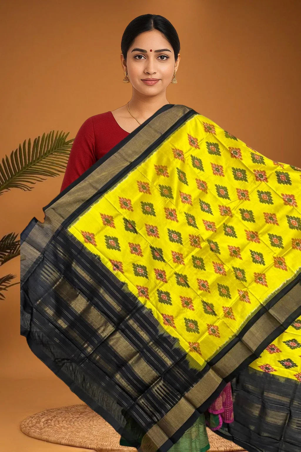 POCHAMPALLY IKKAT SILK MIDDLE YELLOW BORDER BLACK TISSUE BORDER DUPATTA - pochampallysarees.com