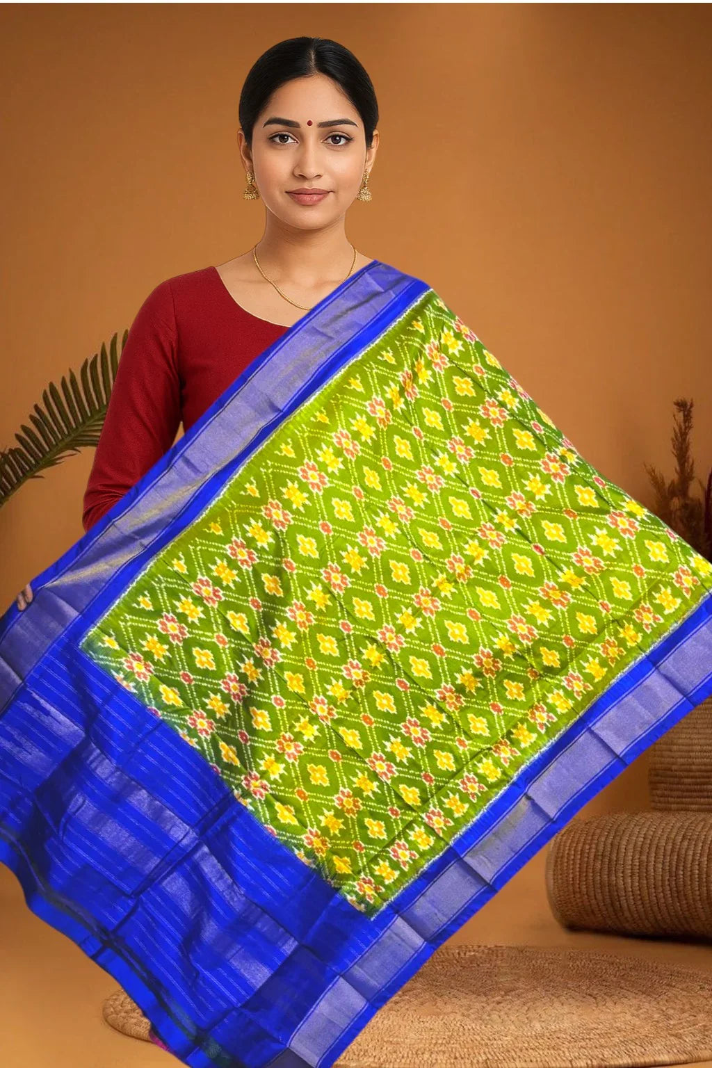 POCHAMPALLY IKKAT SILK MIDDLE PARROT GREEN BORDER BLUE TISSUE BORDER DUPATTA - pochampallysarees.com