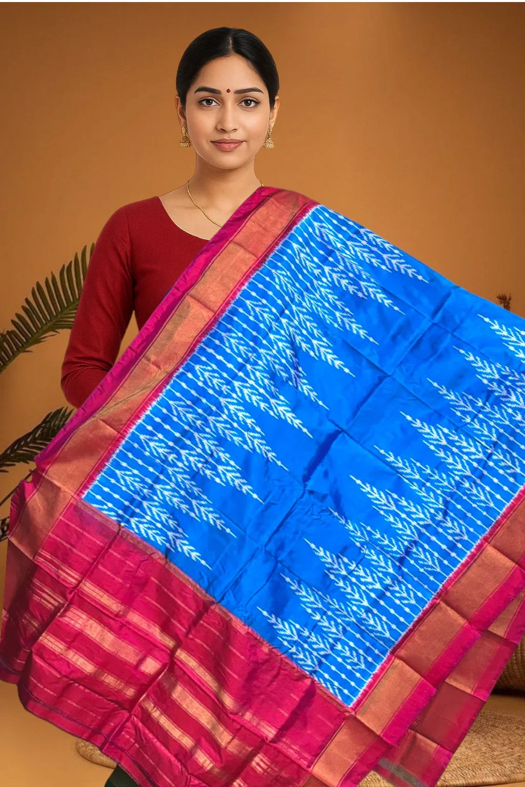POCHAMPALLY IKKAT SILK MIDDLE BLUE BORDER PINK TISSUE BORDER DUPATTA - pochampallysarees.com