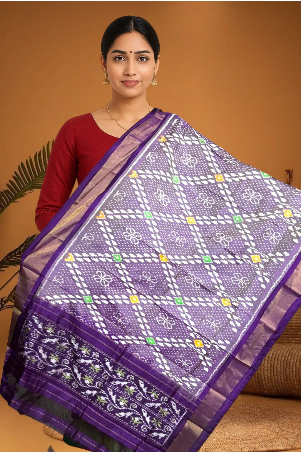 POCHAMPALLY IKKAT SILK MIDDLE CREAM BORDER PURPLE TISSUE BORDER DUPATTA - pochampallysarees.com