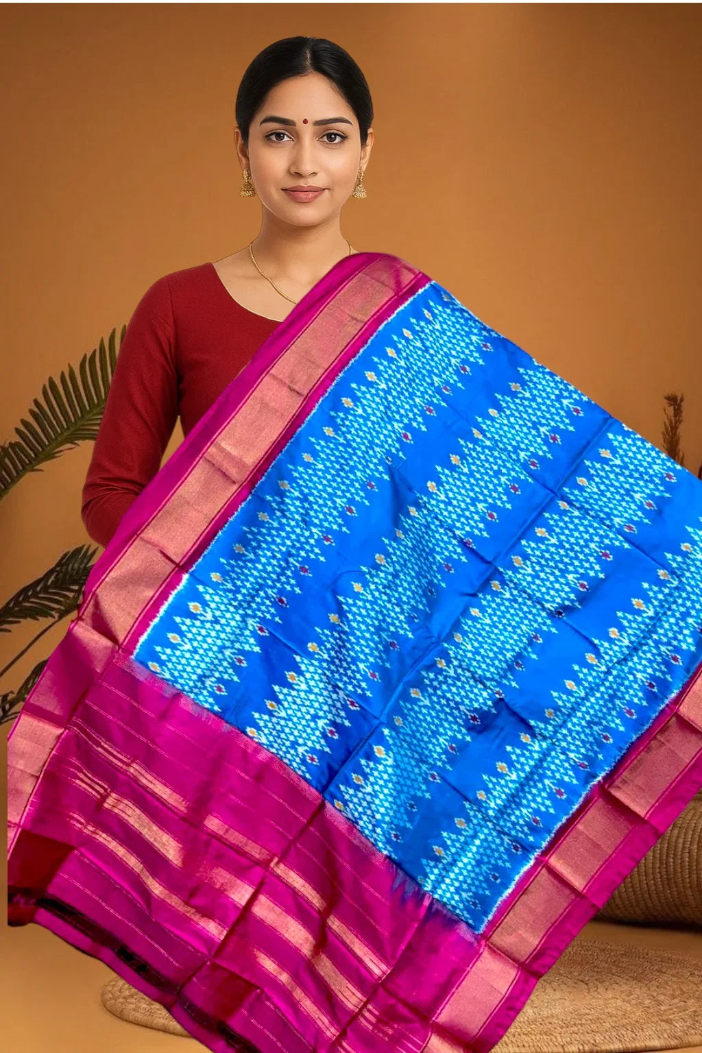 POCHAMPALLY IKKAT SILK MIDDLE BLUE BORDER PINK TISSUE BORDER DUPATTA - pochampallysarees.com
