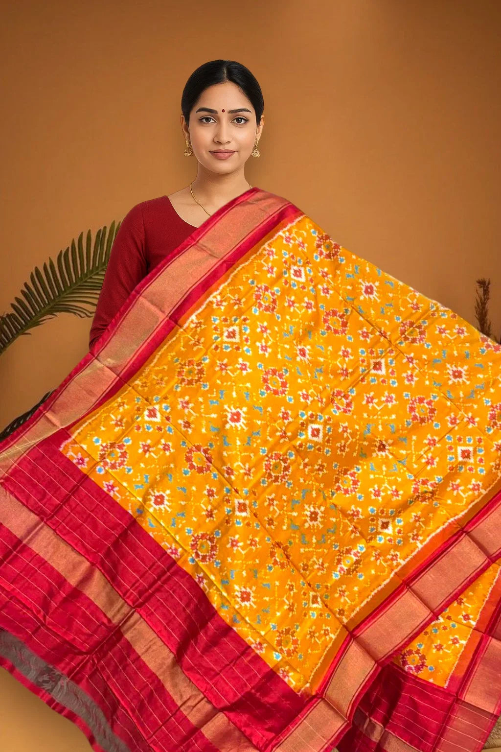 POCHAMPALLY IKKAT SILK MIDDLE YELLOW BORDER RED TISSUE BORDER DUPATTA - pochampallysarees.com