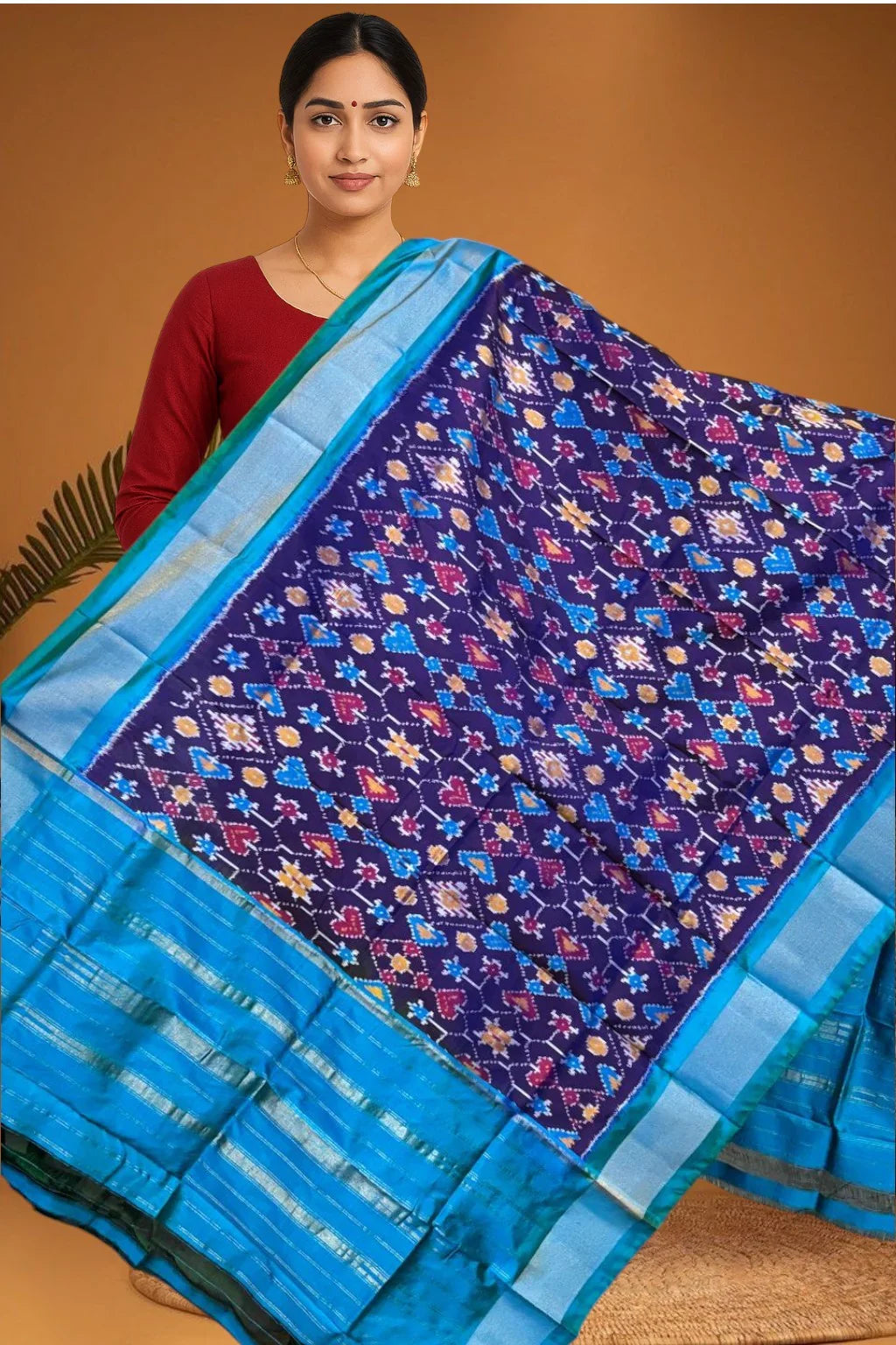 POCHAMPALLY IKKAT SILK MIDDLE GNAVY BLUE BORDER ANANADA TISSUE BORDER DUPATTA - pochampallysarees.com