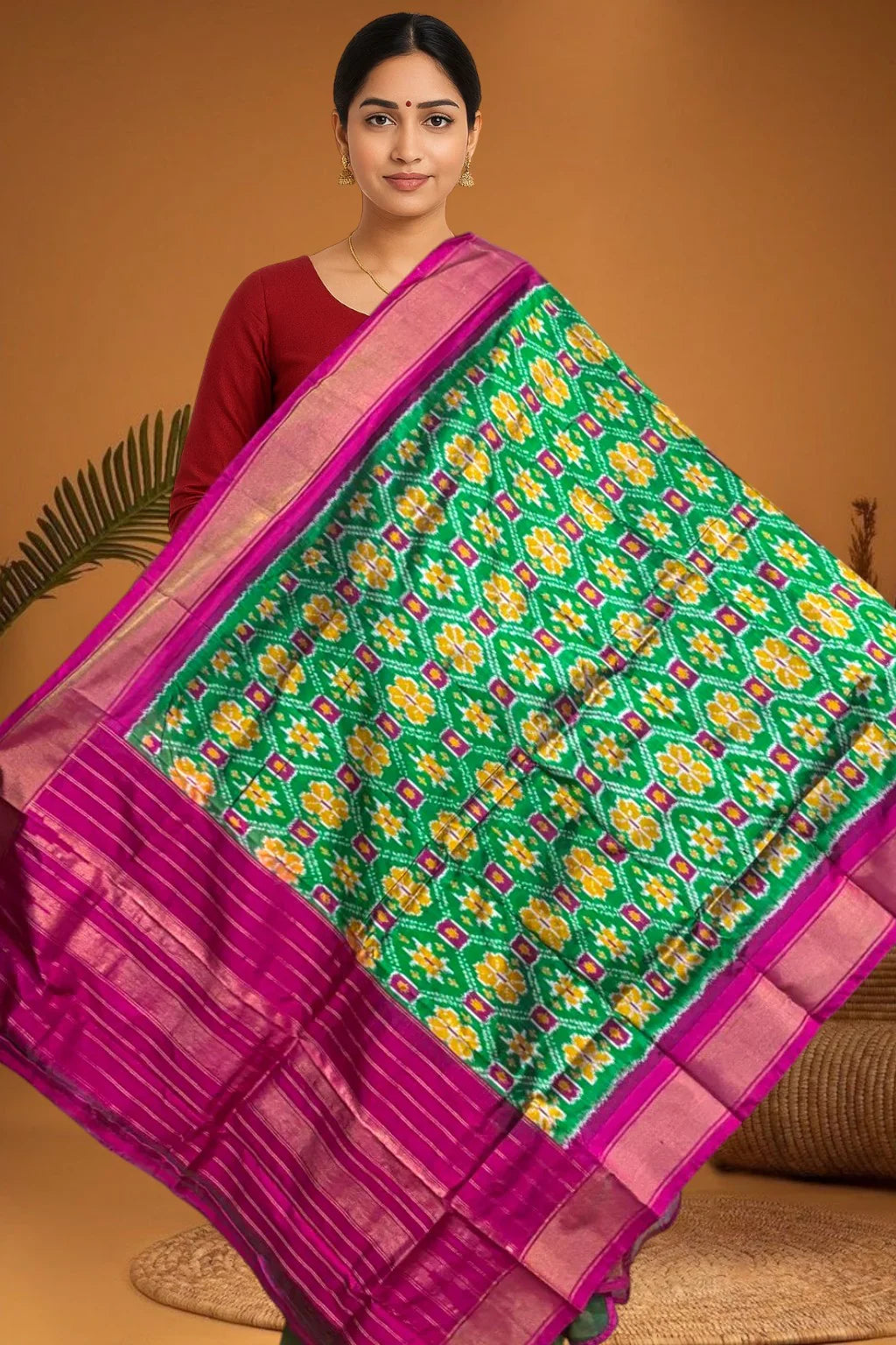 POCHAMPALLY IKKAT SILK MIDDLE GREEN BORDER PINK TISSUE BORDER DUPATTA - pochampallysarees.com