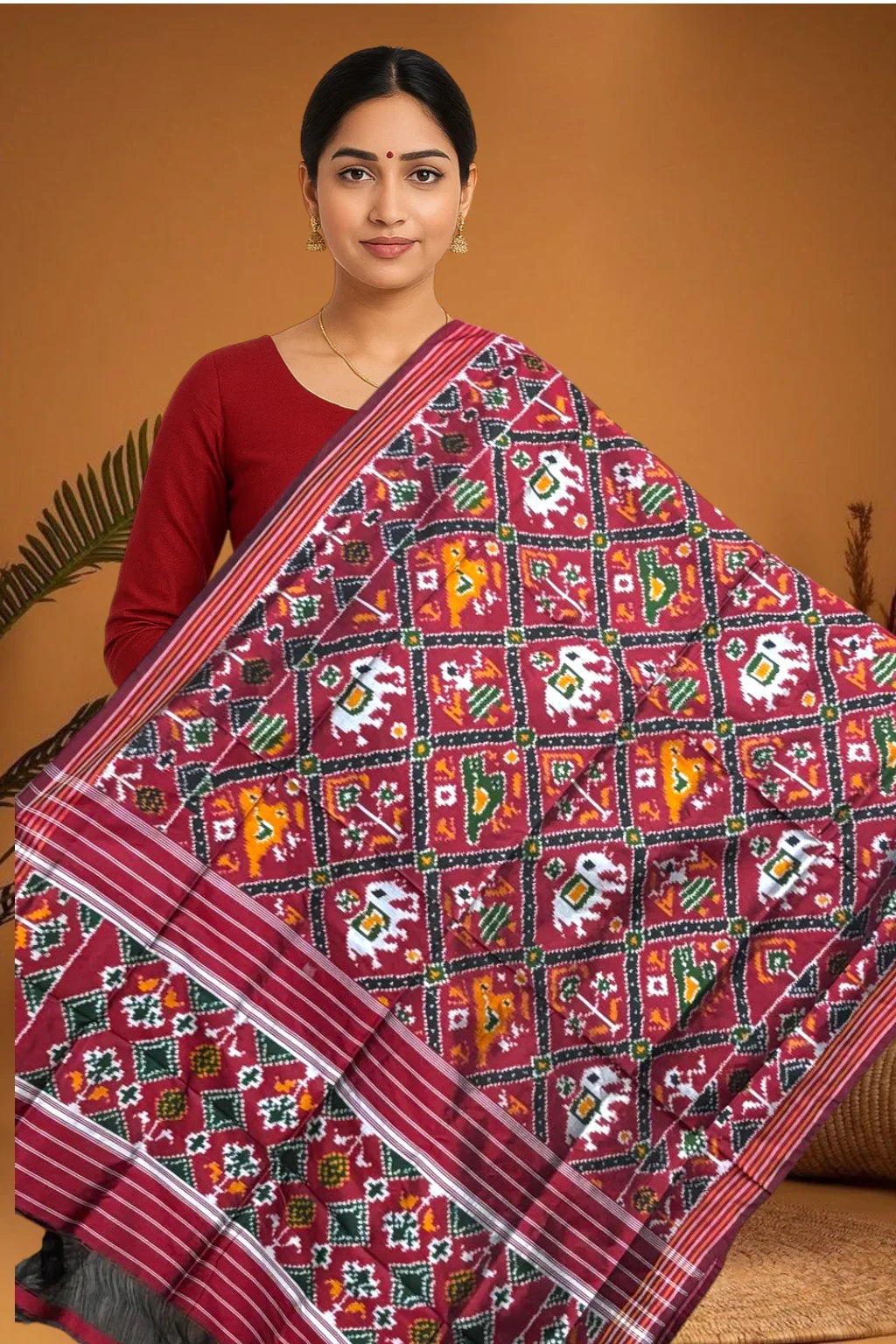 IKKAT SILK NARIKUNJ MAROON COLOR DUPATTA - pochampallysarees.com