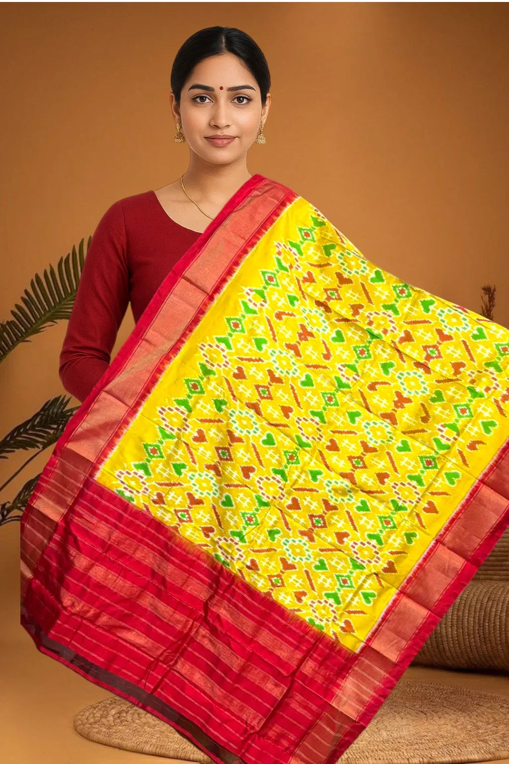 POCHAMPALLY IKKAT SILK MIDDLE YELLOW BORDER RED TISSUE BORDER DUPATTA - pochampallysarees.com