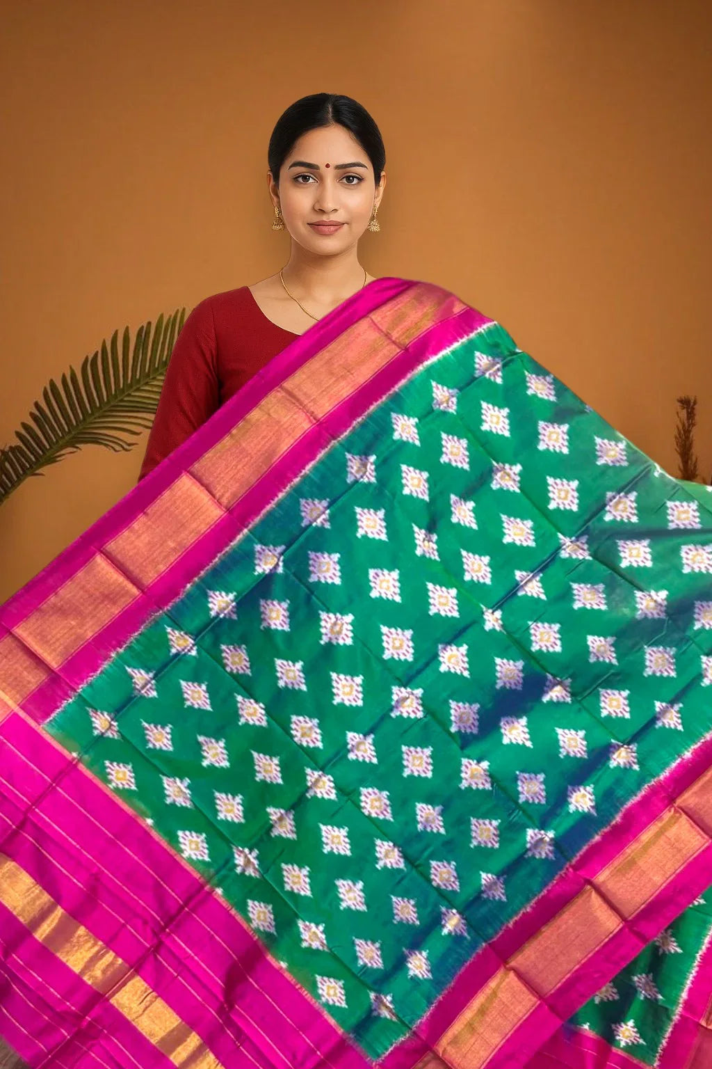 POCHAMPALLY IKKAT SILK MIDDLE GREEN BORDER PINK TISSUE BORDER DUPATTA - pochampallysarees.com