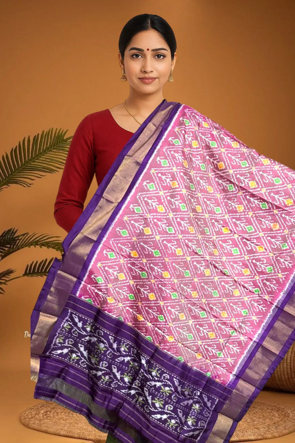 POCHAMPALLY IKKAT SILK MIDDLE PINK BORDER PURPLE TISSUE BORDER DUPATTA - pochampallysarees.com