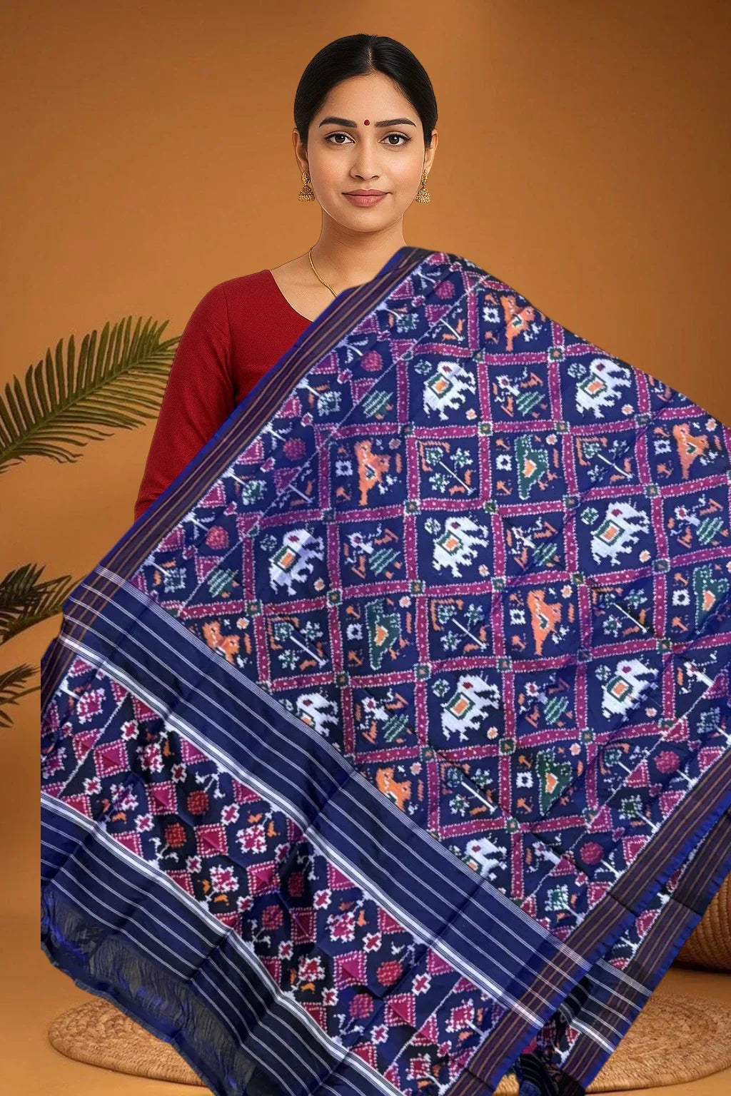 POCHAMPALLY IKKAT SILK MIDDLE NAVY BLUE BORDER NAVY BLUE TISSUE BORDER DUPATTA - pochampallysarees.com