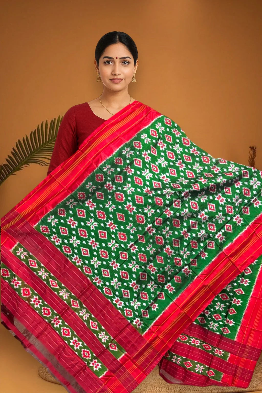 POCHAMPALLY IKKAT SILK MIDDLE GREEN BORDER RED TISSUE BORDER DUPATTA - pochampallysarees.com