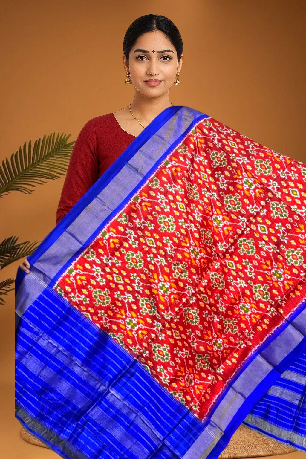 POCHAMPALLY IKKAT SILK MIDDLE ORANGE BORDER BLUE TISSUE BORDER DUPATTA - pochampallysarees.com
