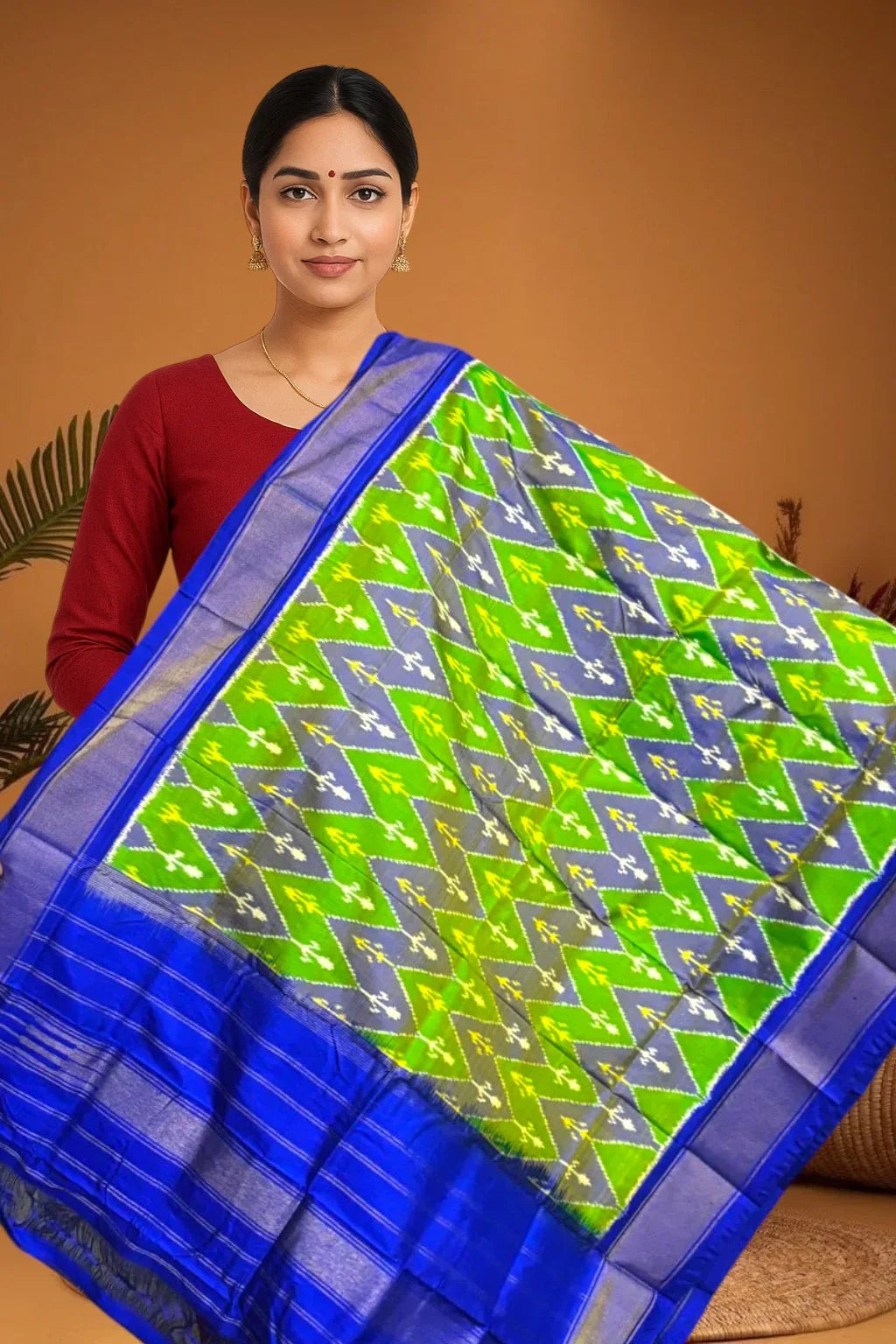 POCHAMPALLY IKKAT SILK MIDDLE GREEN BORDER BLUE TISSUE BORDER DUPATTA - pochampallysarees.com