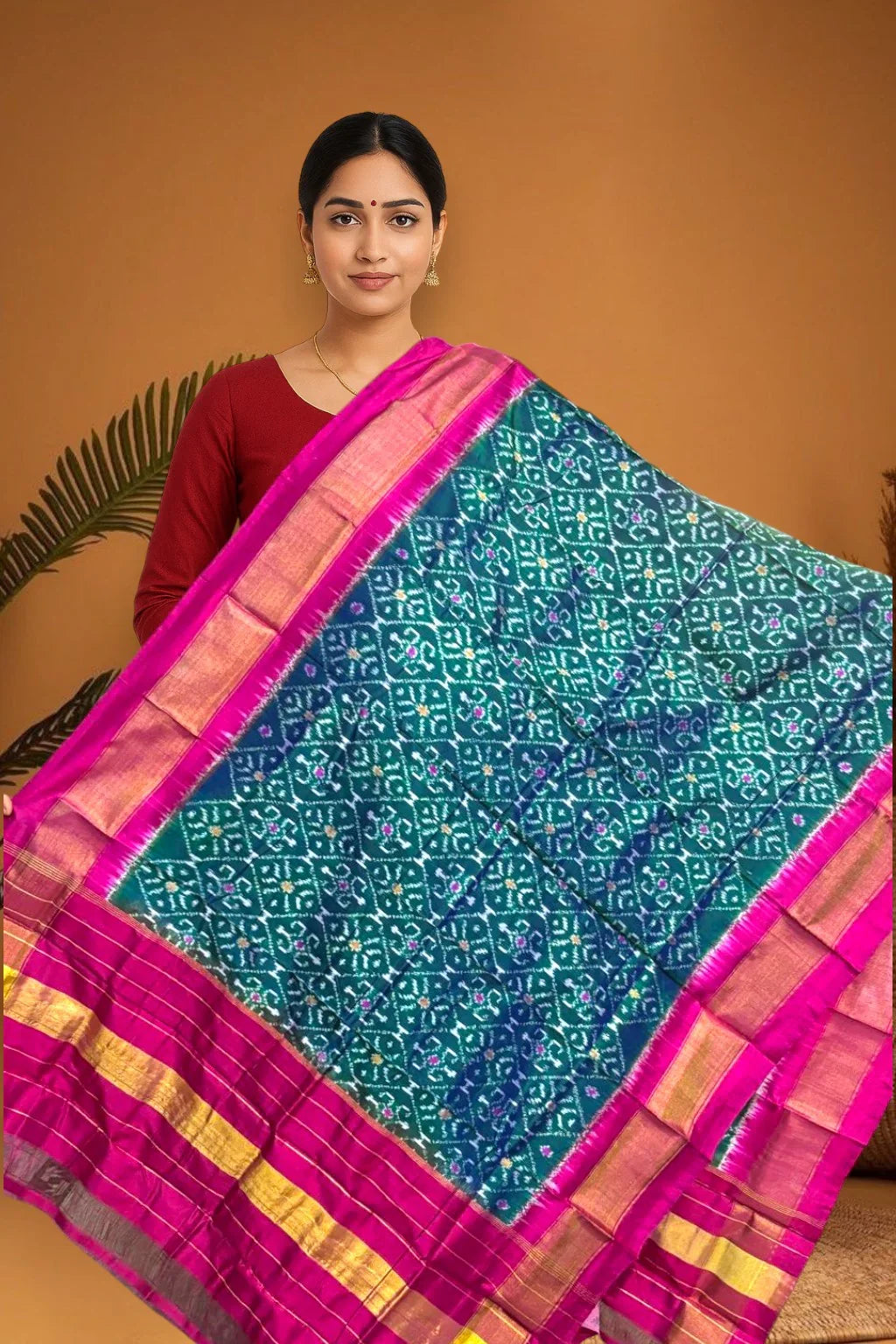 POCHAMPALLY IKKAT SILK MIDDLE GREEN BORDER RED TISSUE BORDER DUPATTA - pochampallysarees.com
