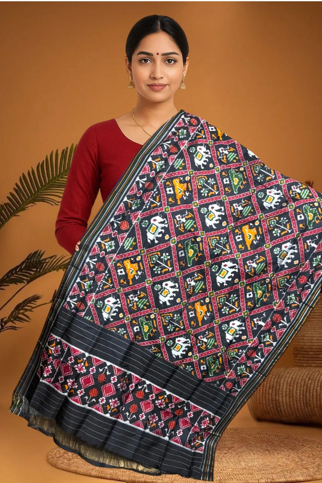 POCHAMPALLY IKKAT SILK MIDDLE BLACK BORDER BLACK TISSUE BORDER DUPATTA - pochampallysarees.com