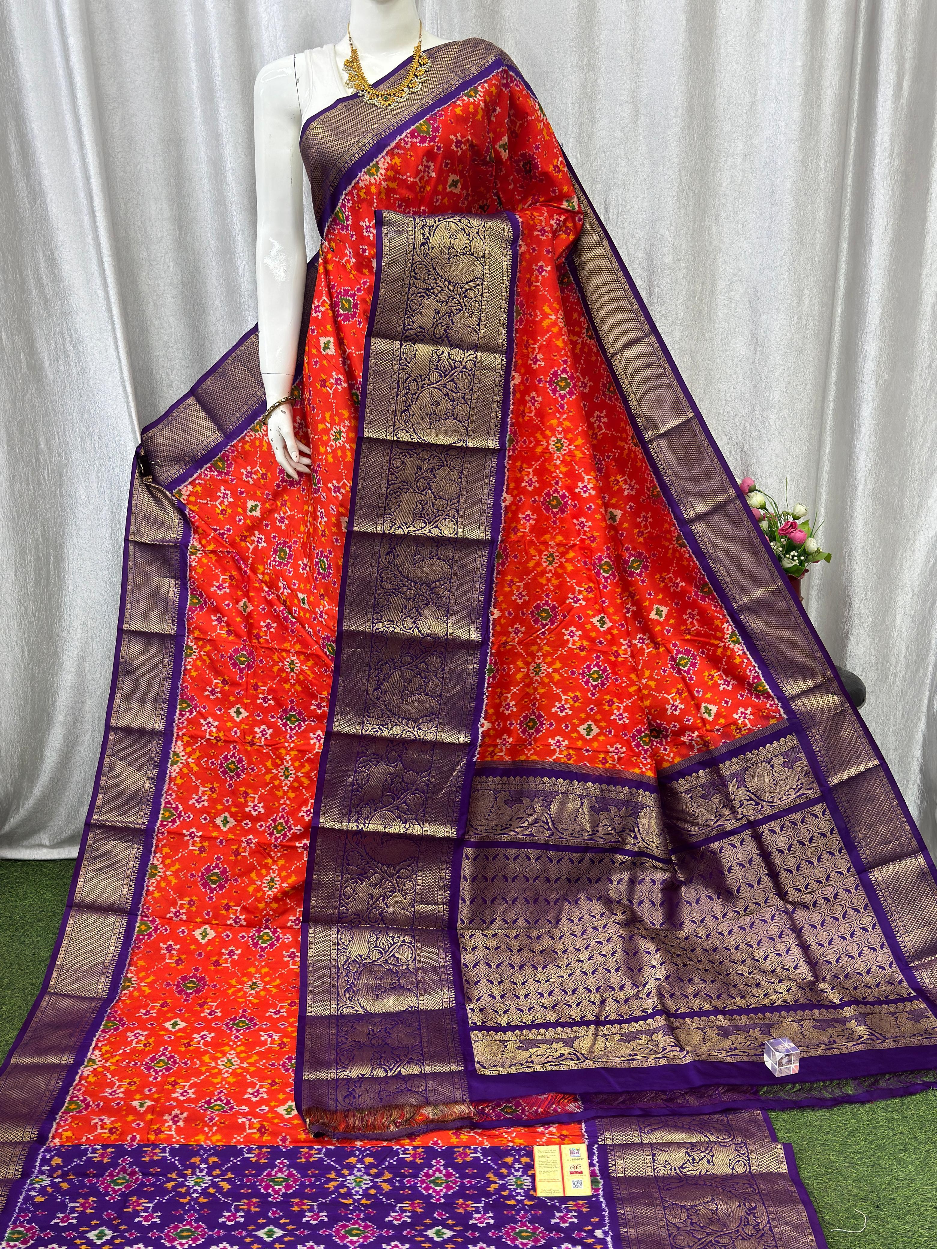 Pochampally Ikkat Kanchi Border Orange Purple Sari