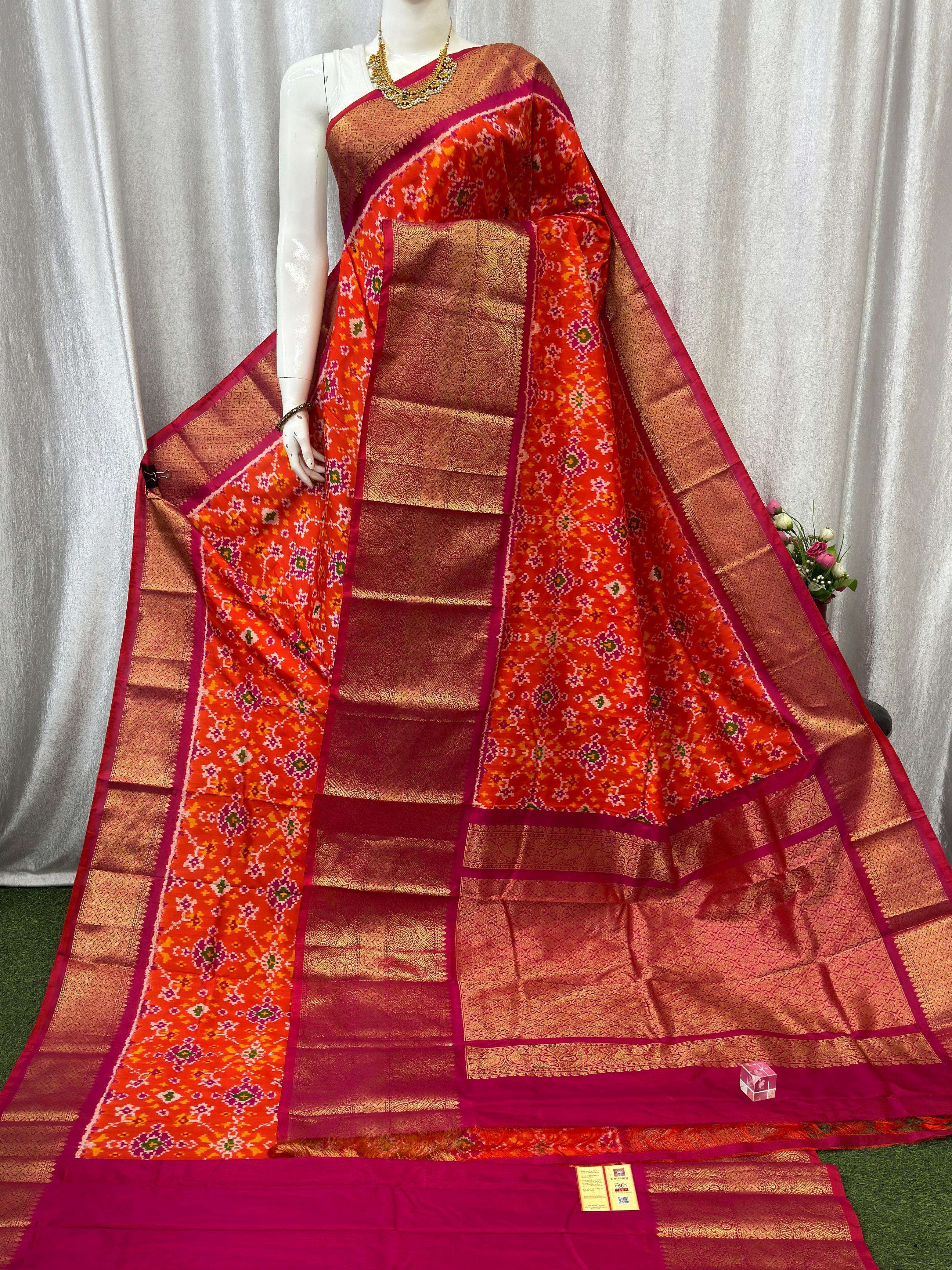 Pochampally Ikkat Kanchi Border Orange Red Sari