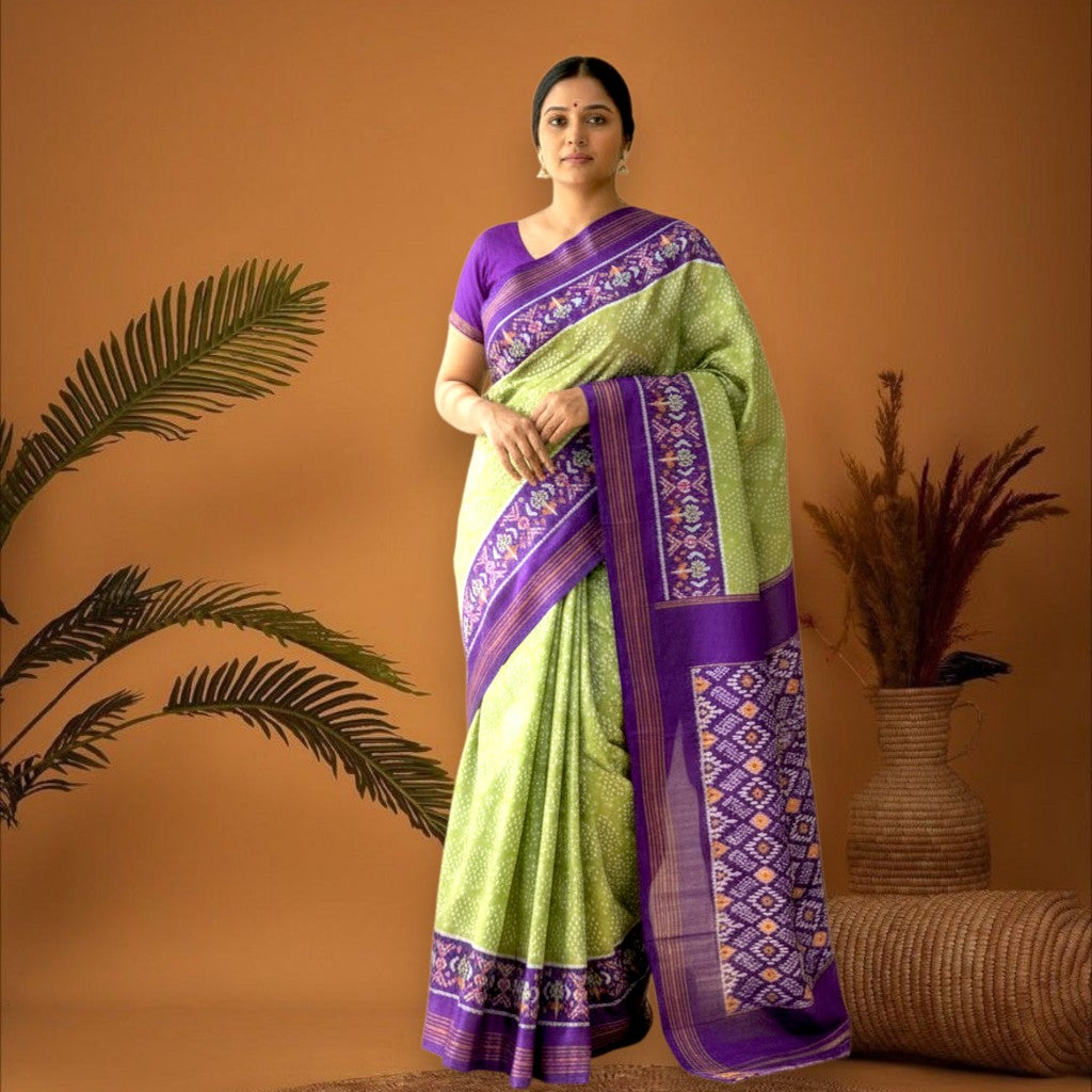 POCHAMPALLY IKKAT SILK OLIVE GREEN PURPLE SARI - pochampallysarees.com