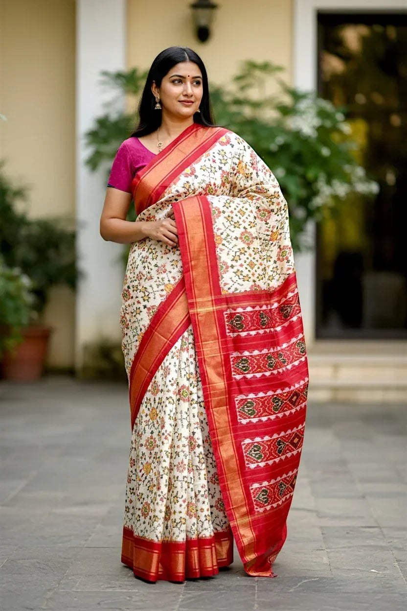 Pochampally Ikat Patola Cream With Red Sari - pochampallysarees.com