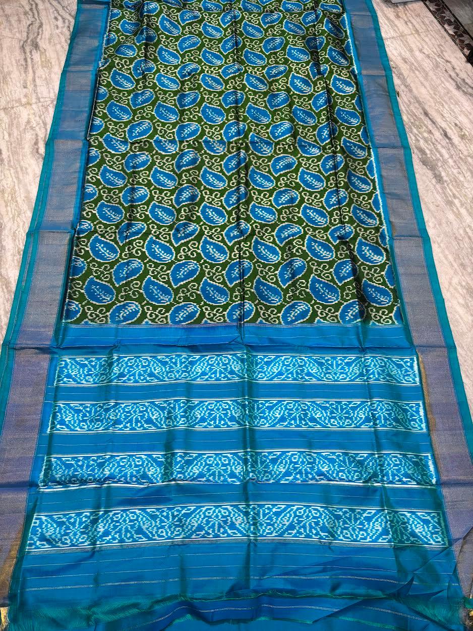 Pure Pochampally Ikkat Patola Silk Saree - Leaf Green & Ocean Blue with Zari Border | Traditional Handloom Silk for Weddings & Festivals - pochampallysarees.com