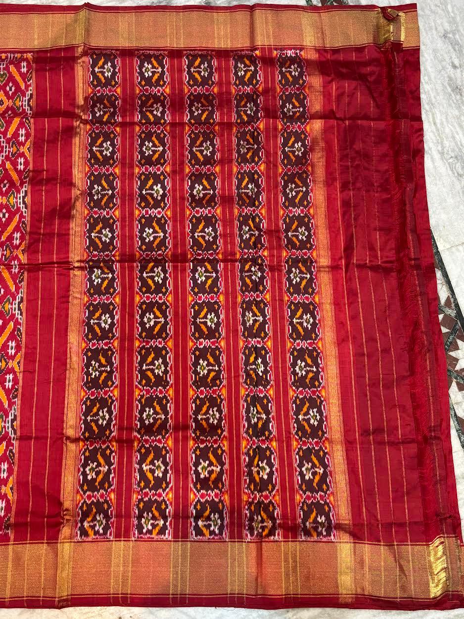 Authentic Red Pochampally Ikkat Patola Silk Saree with Geometric Diamond Motifs & Gold Zari Border | Pure Handloom Wedding Silk - pochampallysarees.com