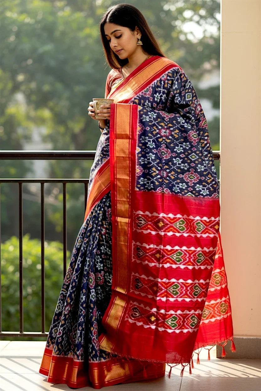 Pochampally Ikat Patola Silk Navy Blue Red Sari - pochampallysarees.com