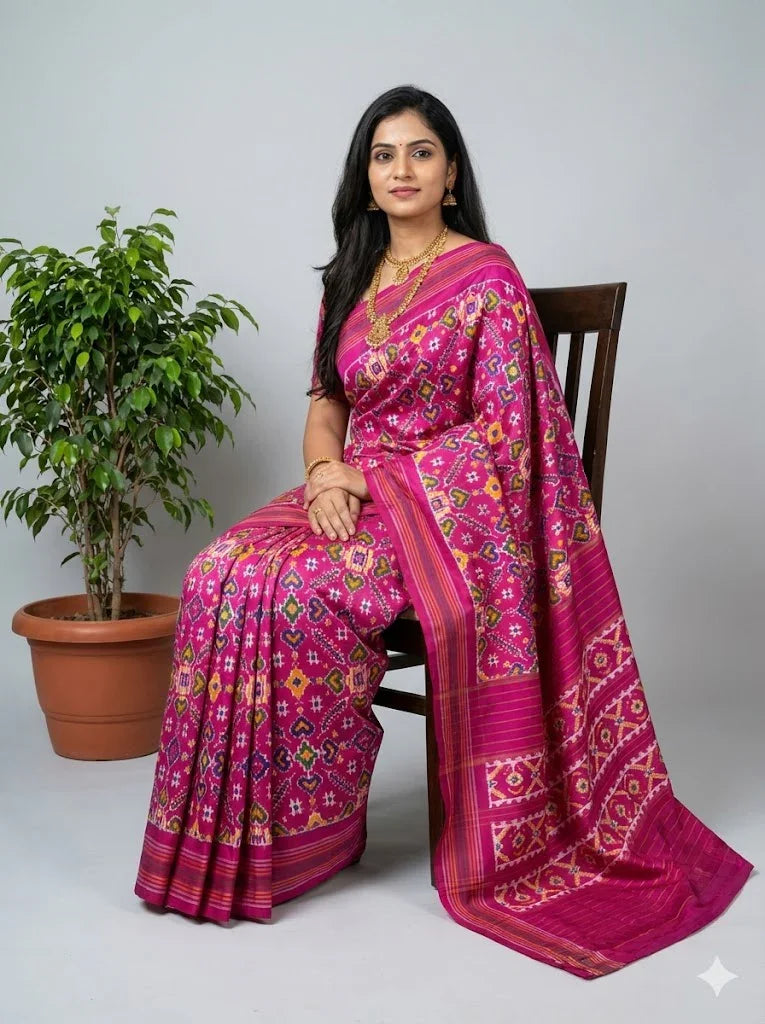 Pure Pochampally Ikat Patola Silk Saree in Magenta Pink | Handloom Geometric Pattern Pattu Saree with Designer Pallu | Traditional Wedding & Festive Wear - pochampallysarees.com