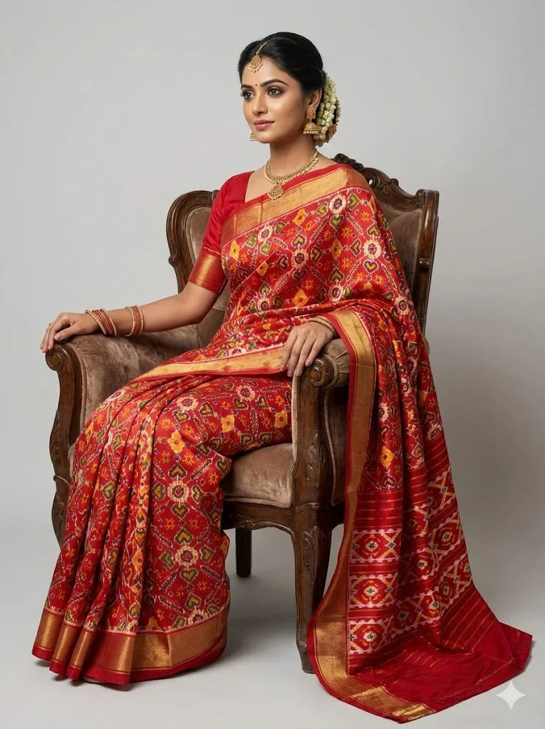 Pure Pochampally Ikkat Patola Silk Saree in Crimson Red – Handwoven Geometric Heart & Diamond Pattern with Gold Zari Border | Traditional Festive & Wedding Wear - pochampallysarees.com