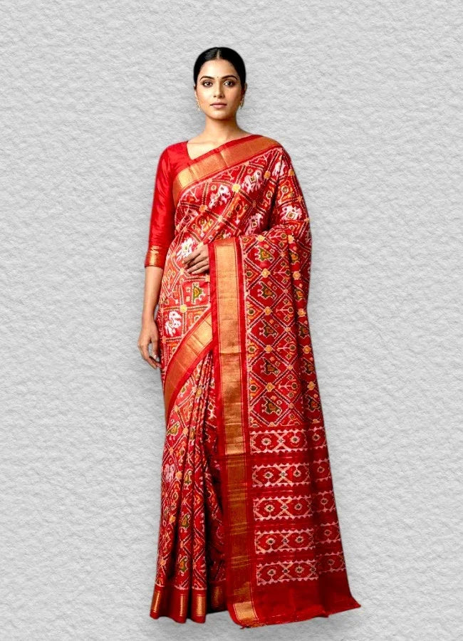 POCHAMPALLY IKKAT SILK PATOLA RED SARI BLOUSE PLAIN RED - pochampallysarees.com