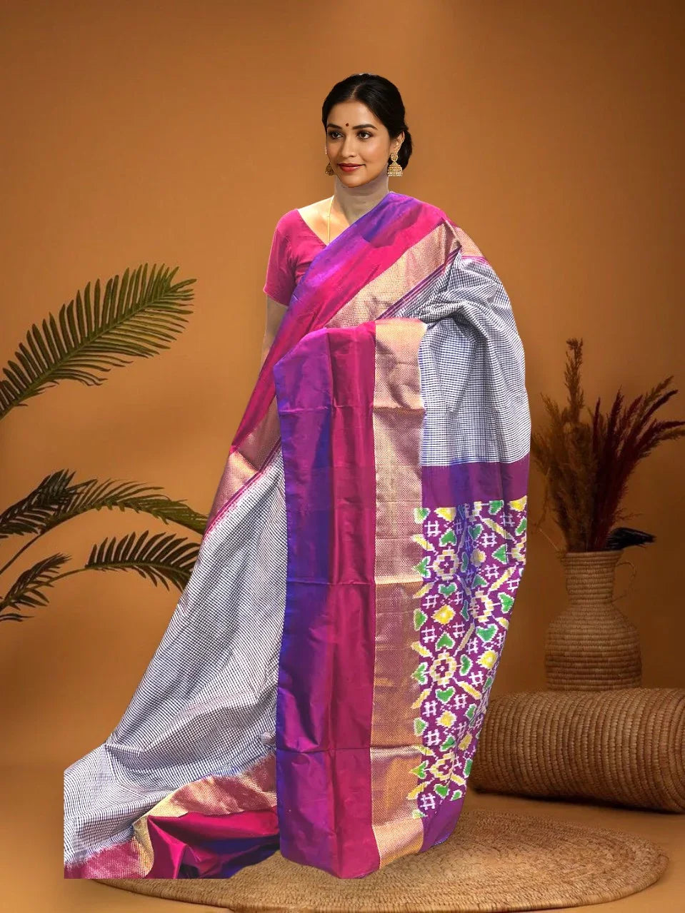 POCHAMPALLY IKKAT SILK MIDDLE PURPLE CHECKS BORDER PALLU AND BLOUSE SAME AS IKKAT DESIGN SARI - pochampallysarees.com