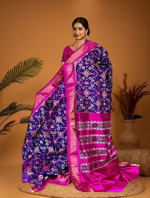 Pochampally Ikat Patola Purple With Pink Sari - pochampallysarees.com