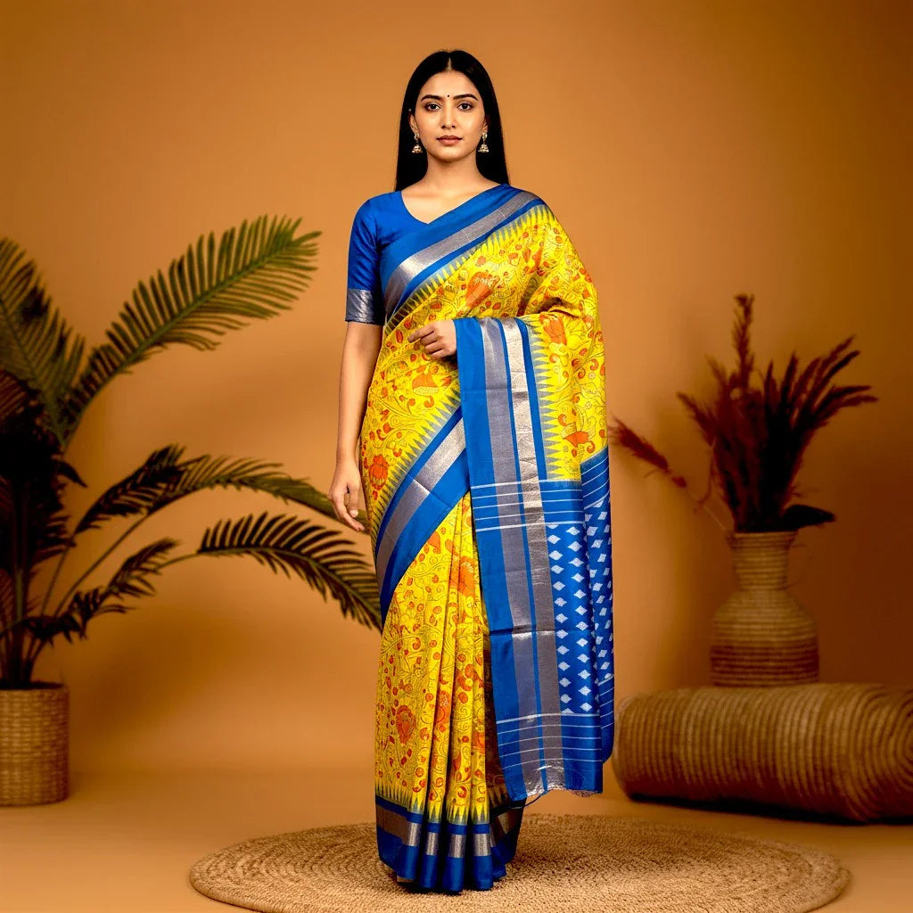 Pochampally Ikat Silk kalamkari Designer Yellow Blue Sari - pochampallysarees.com